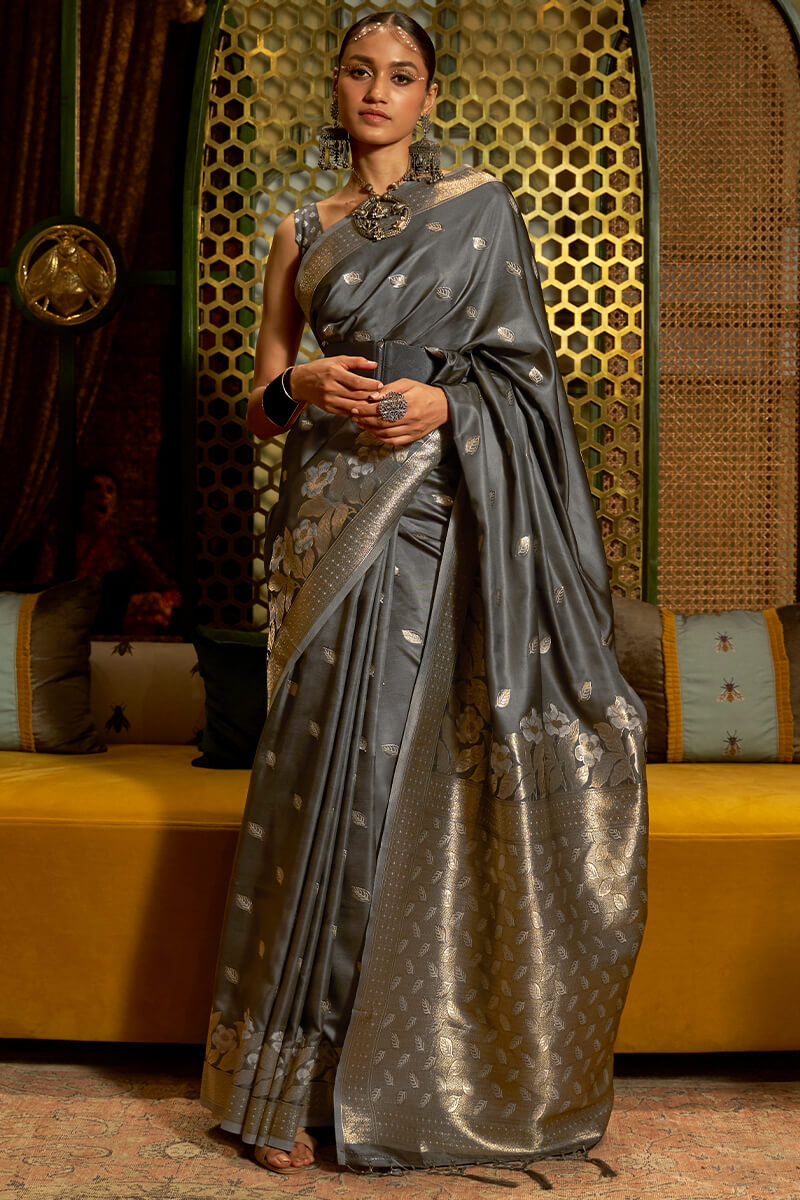 Storm Grey Satin Silk Saree