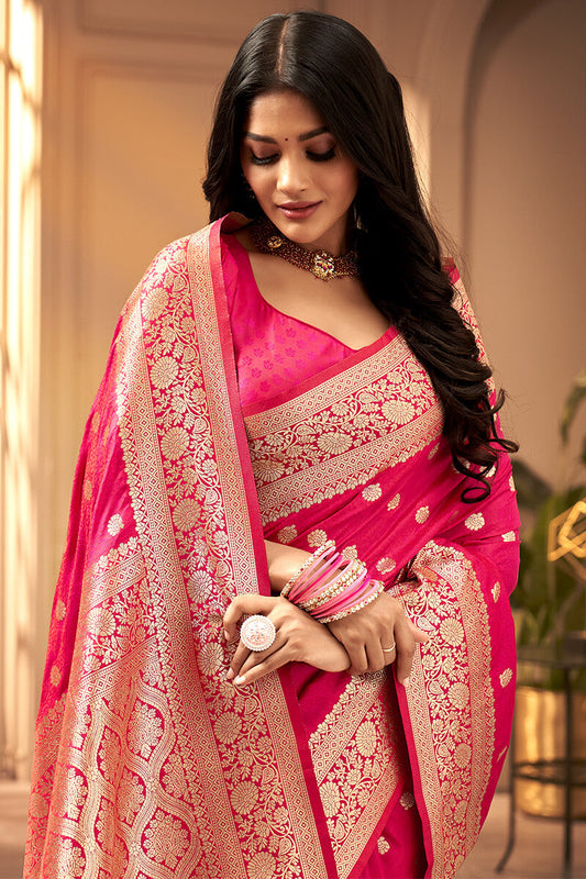 Strawberry Pink Banarasi Satin silk Saree