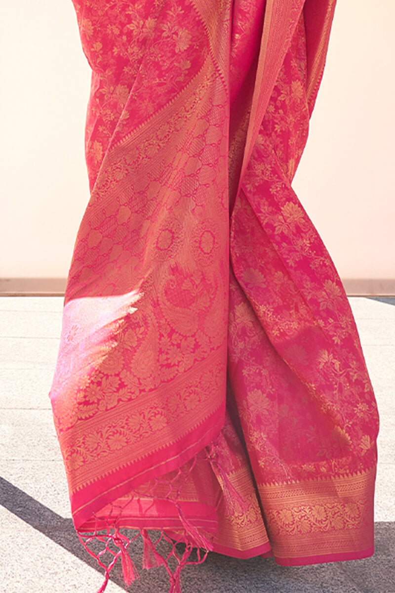 Strawberry Pink Zari Woven Kanjivaram Silk Saree