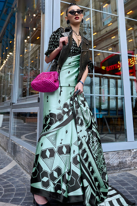 Summer Green Digital Printed Satin Silk Saree