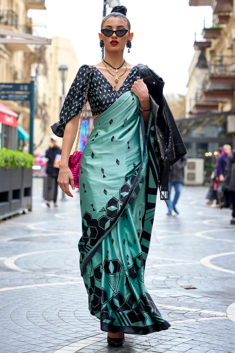 Summer Green Digital Printed Satin Silk Saree