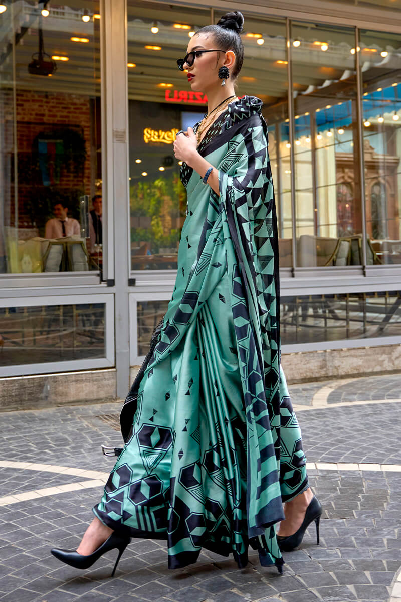 Summer Green Digital Printed Satin Silk Saree