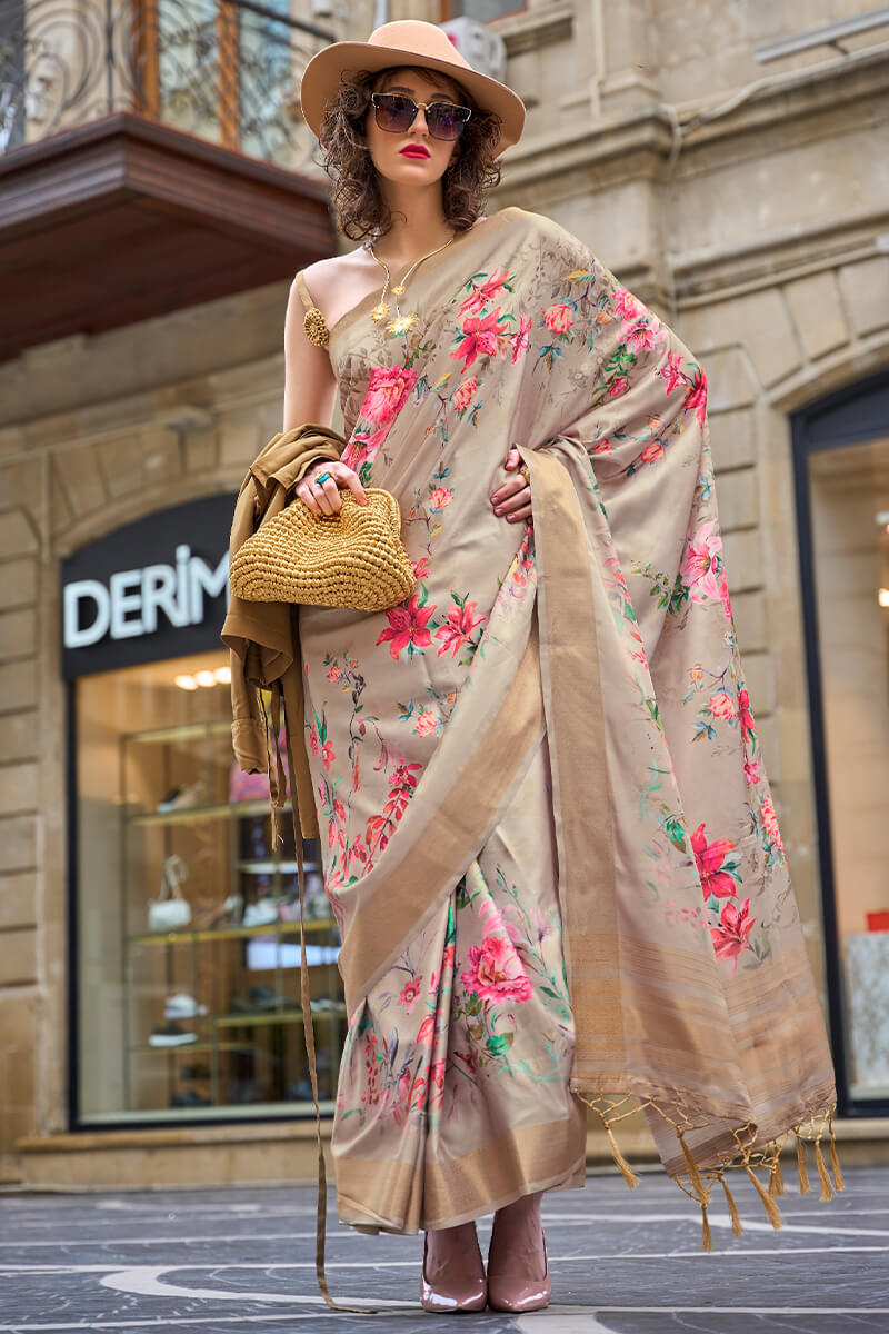 Tan Beige Printed Silk Saree