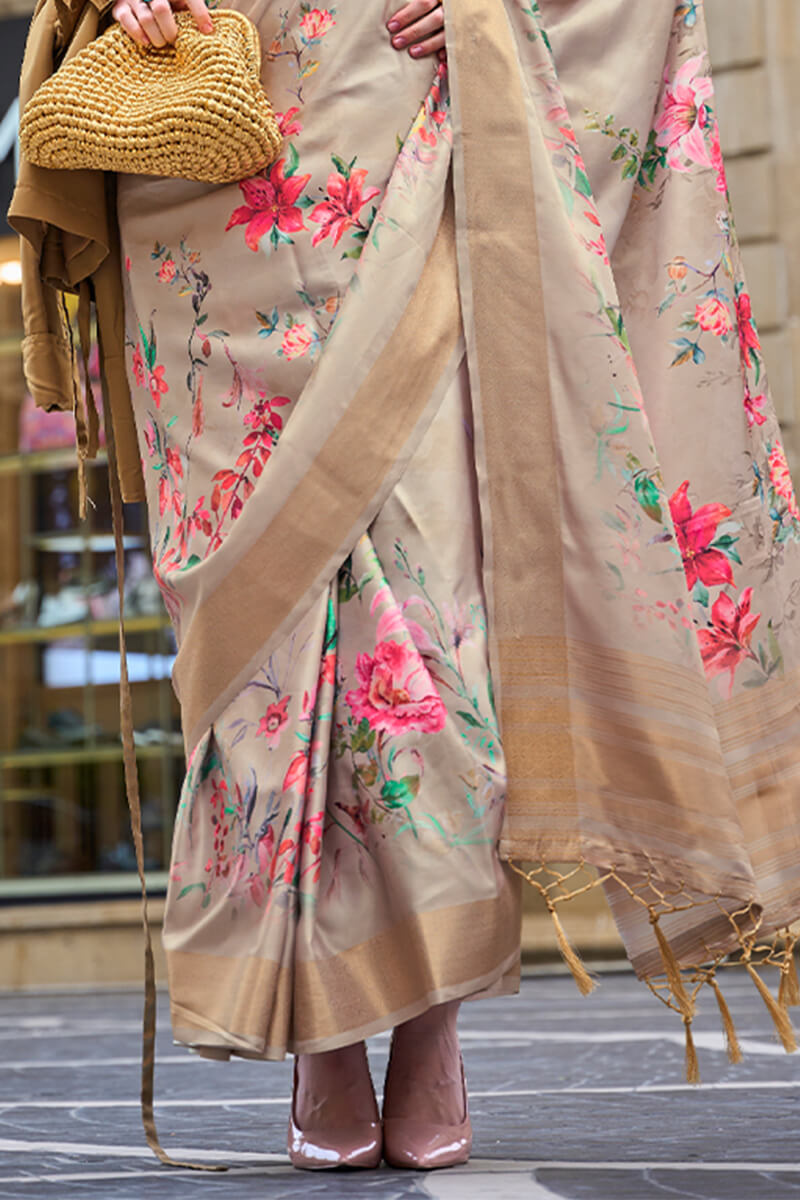 Tan Beige Printed Silk Saree