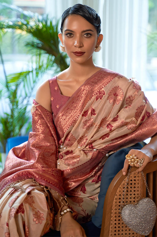 Tan Beige Shimmer Organza Silk Saree