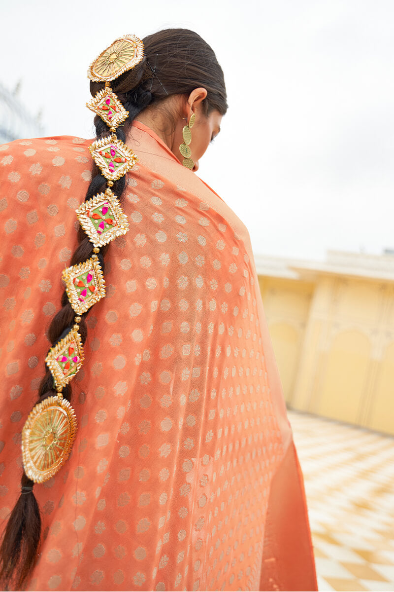 Tangerine Peach Zari Woven Banarasi Silk Saree