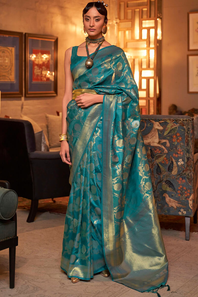 Teal Blue Zari Woven Banarasi Silk Saree