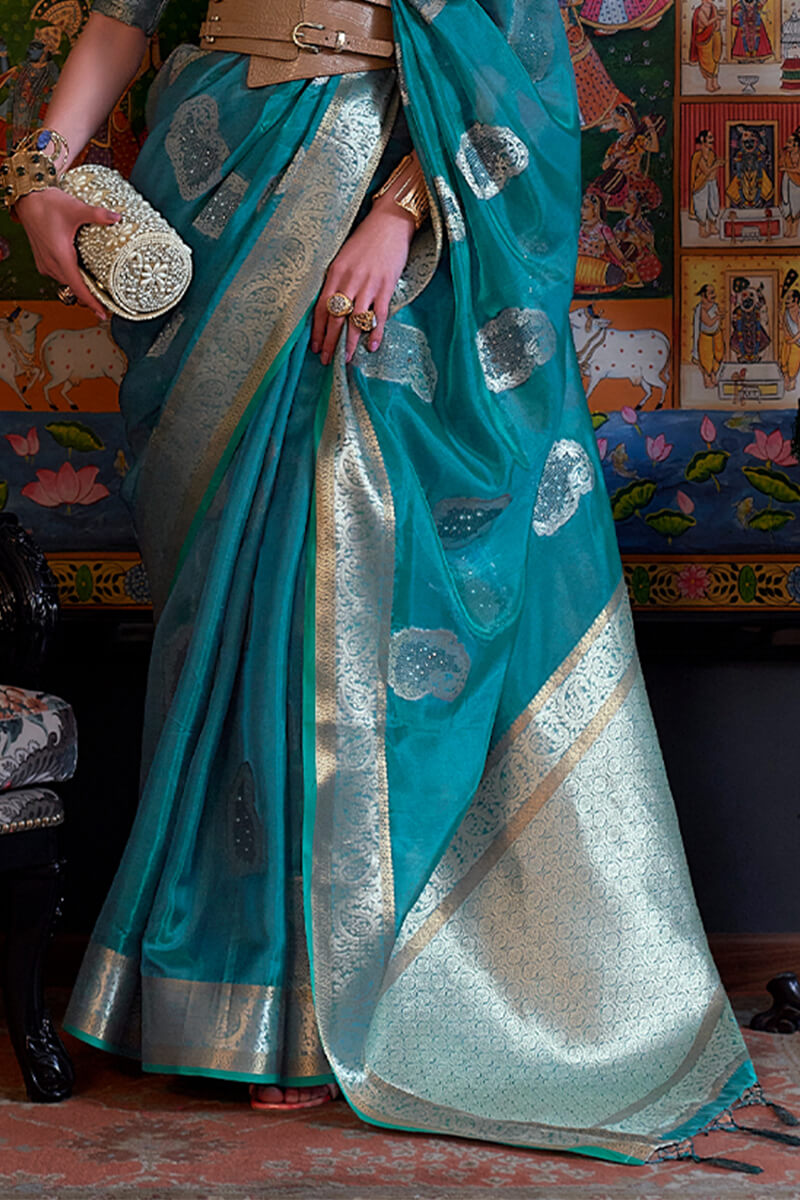 Teal Blue Zari Woven Organza Silk Saree