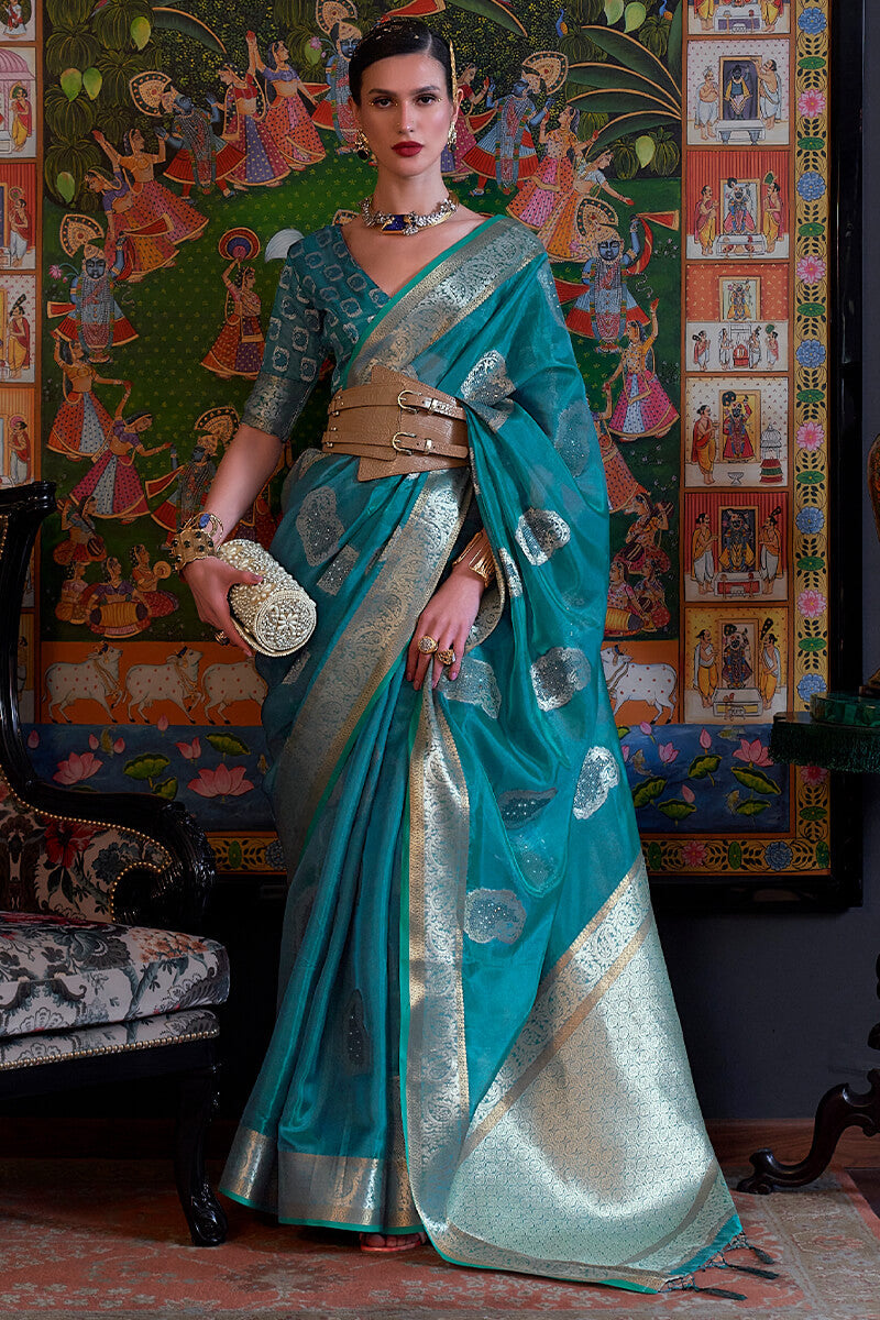 Teal Blue Zari Woven Organza Silk Saree