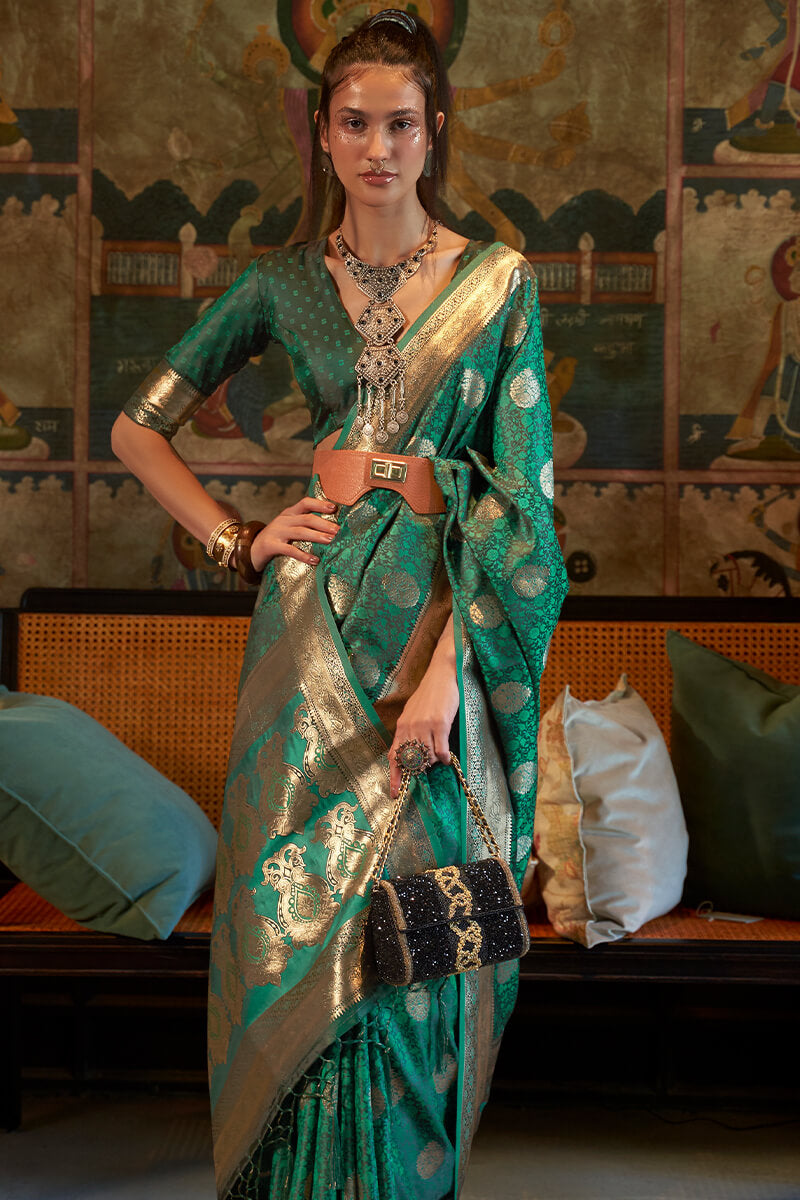 Teal Green Zari Woven Satin Silk Saree