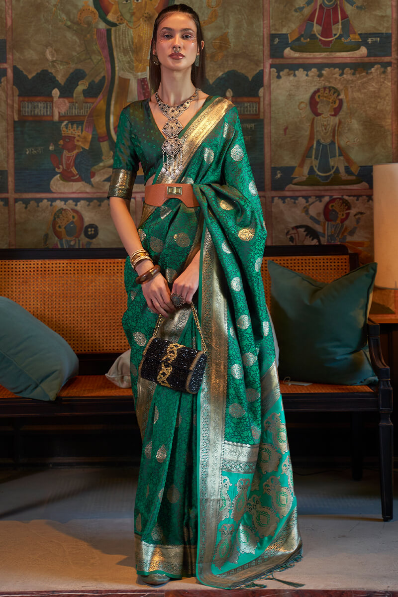 Teal Green Zari Woven Satin Silk Saree