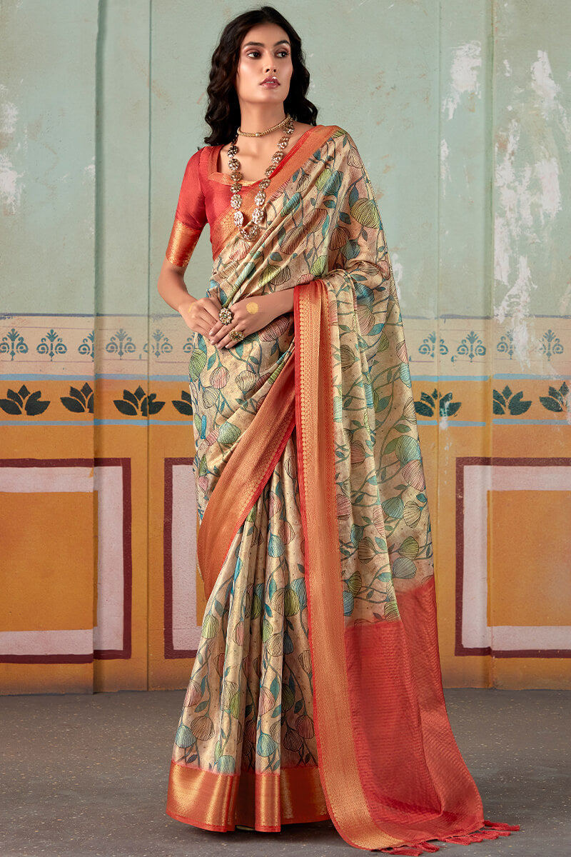 Thatch Beige Zari Woven Printed Tissue Silk Saree