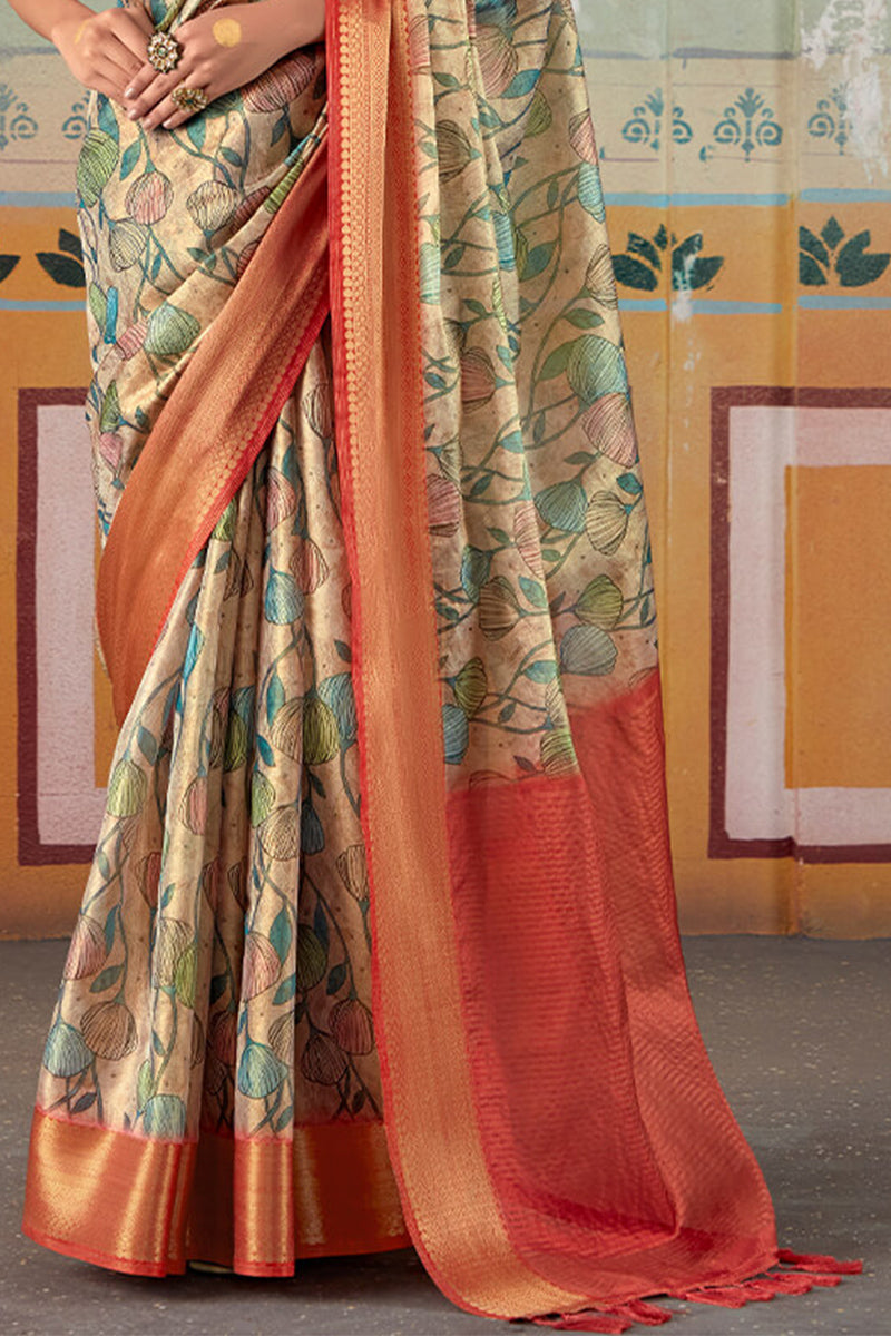 Thatch Beige Zari Woven Printed Tissue Silk Saree