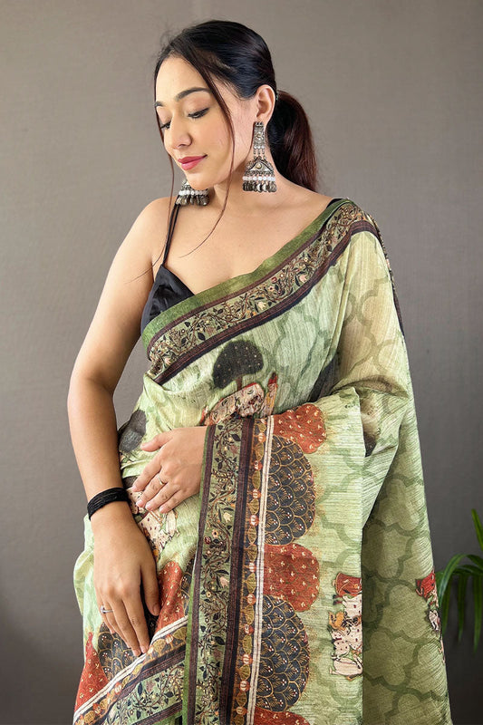 Thistle Green Printed Tussar Silk Saree