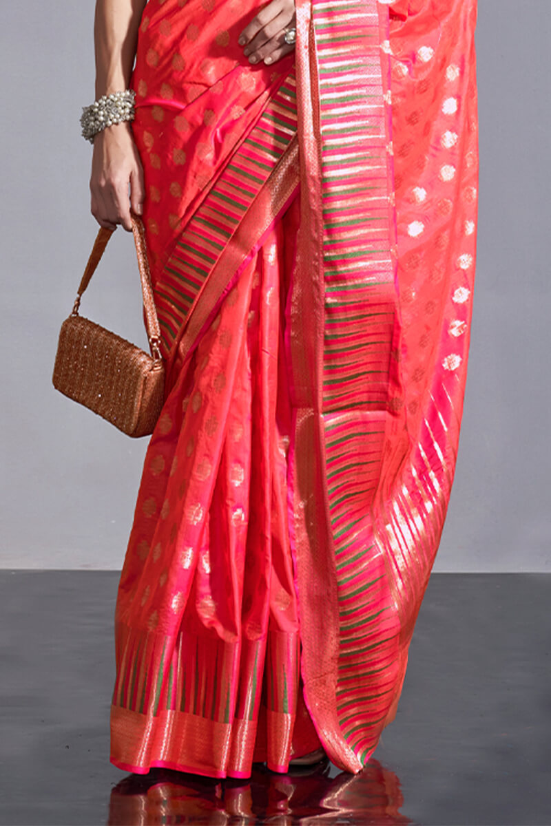 Tomato Red Zari Woven Banarasi Silk Saree