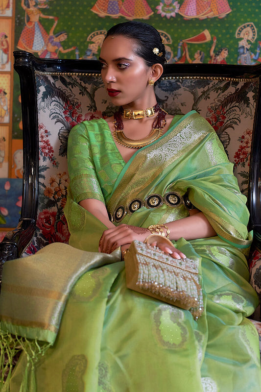 Trendy Green Zari Woven Organza Silk Saree