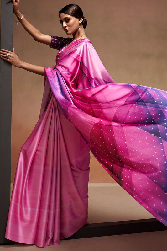 Tulip Pink Printed Satin Silk Saree