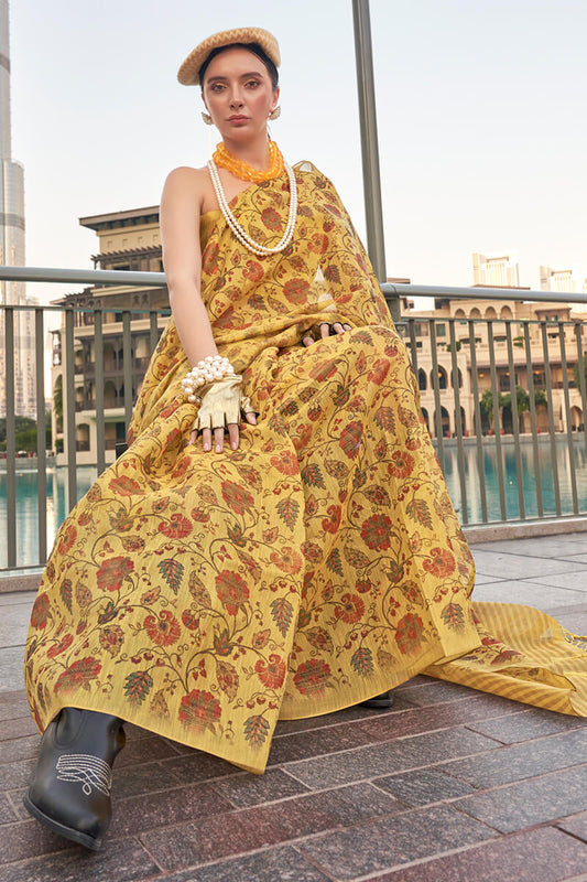 Turmeric Yellow Printed Tissue Silk Saree