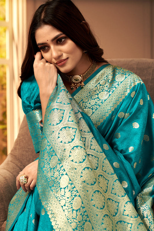 Turquoise Blue Banarasi Satin silk Saree