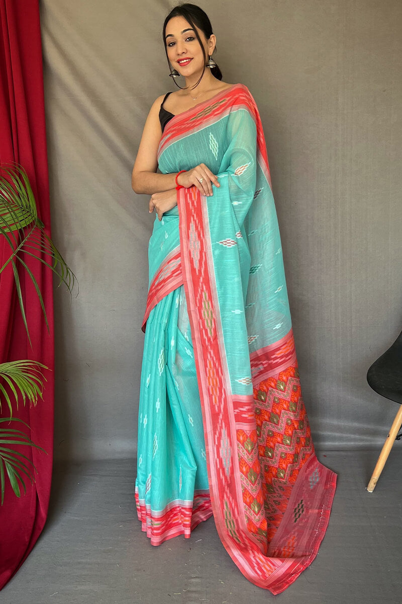 Turquoise Blue Linen silk saree