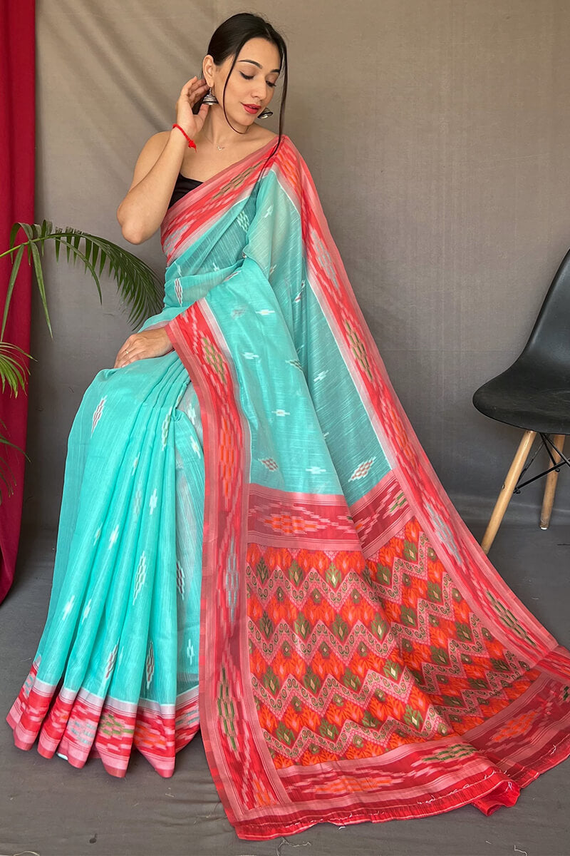 Turquoise Blue Linen silk saree