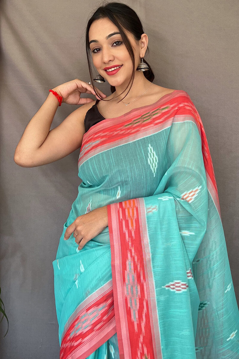 Turquoise Blue Linen silk saree