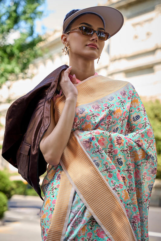 Turquoise Blue Organza Printed Satin Silk Saree