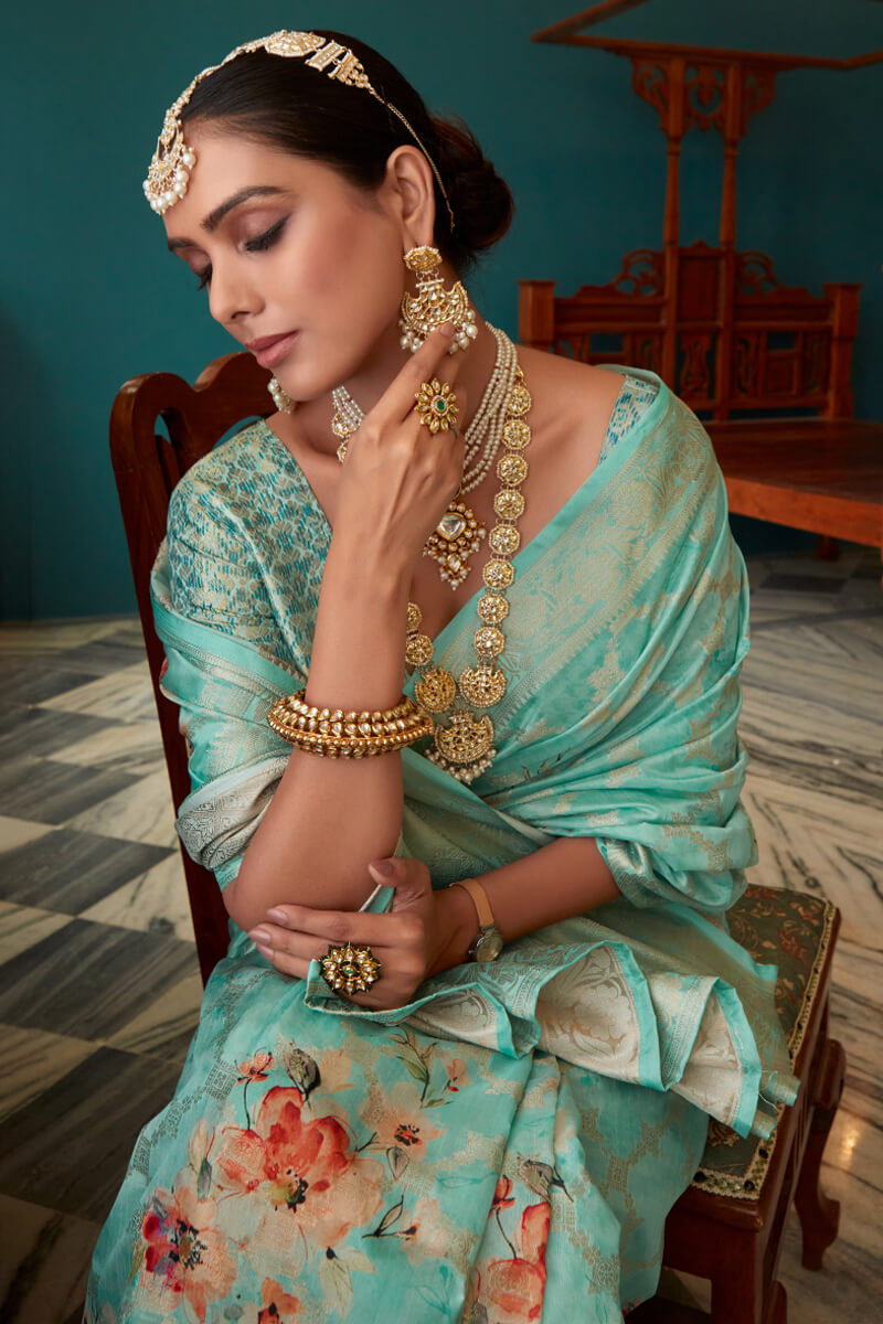 Turquoise Green Zari Woven Floral Printed Silk Saree