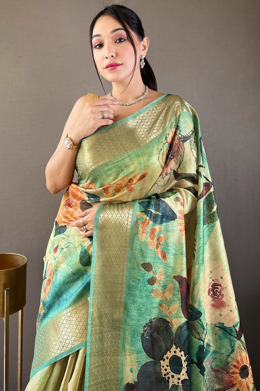 Turquoise Green Zari Woven Printed Tussar Silk Saree