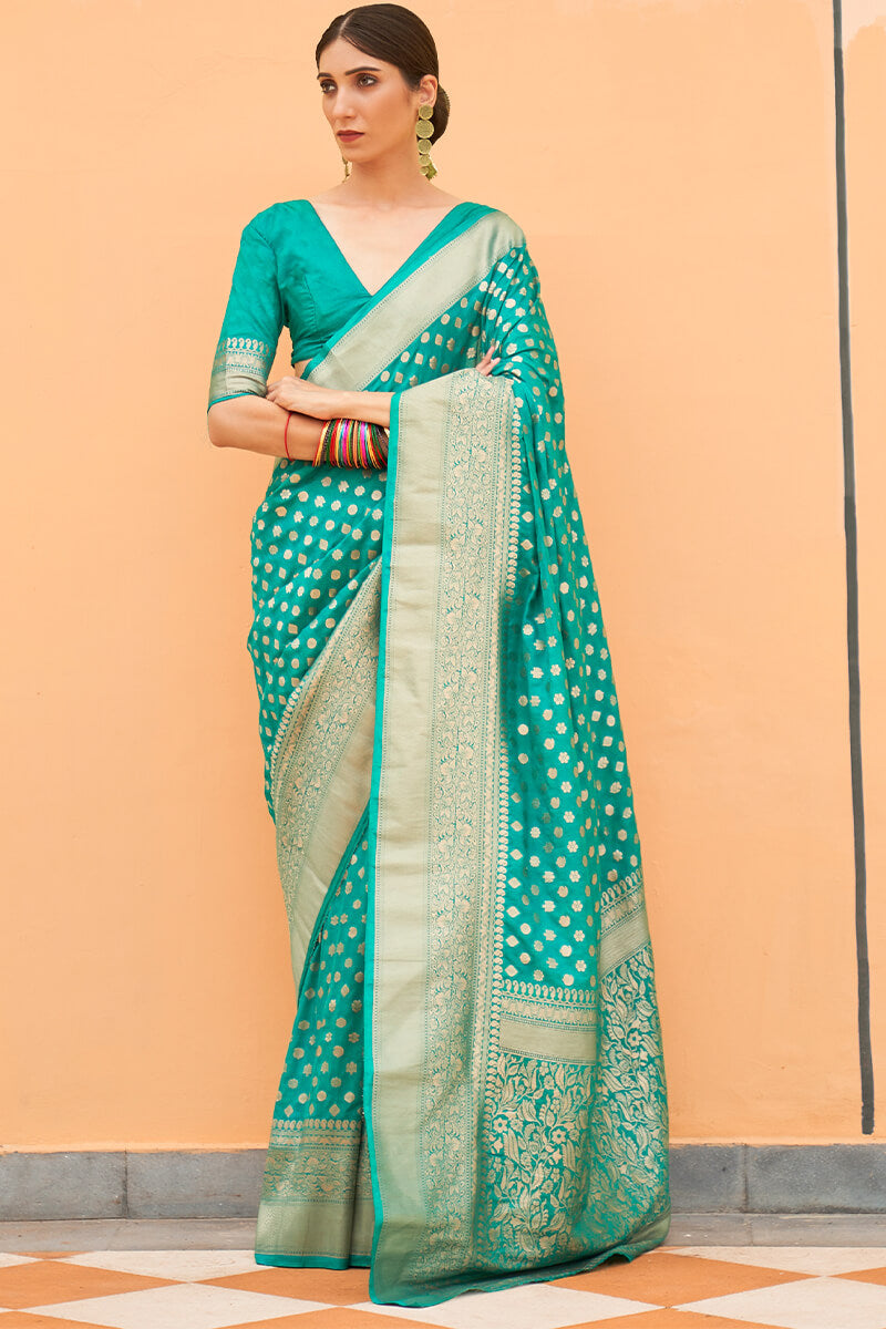 Turquoise Zari Woven Banarasi Silk Saree