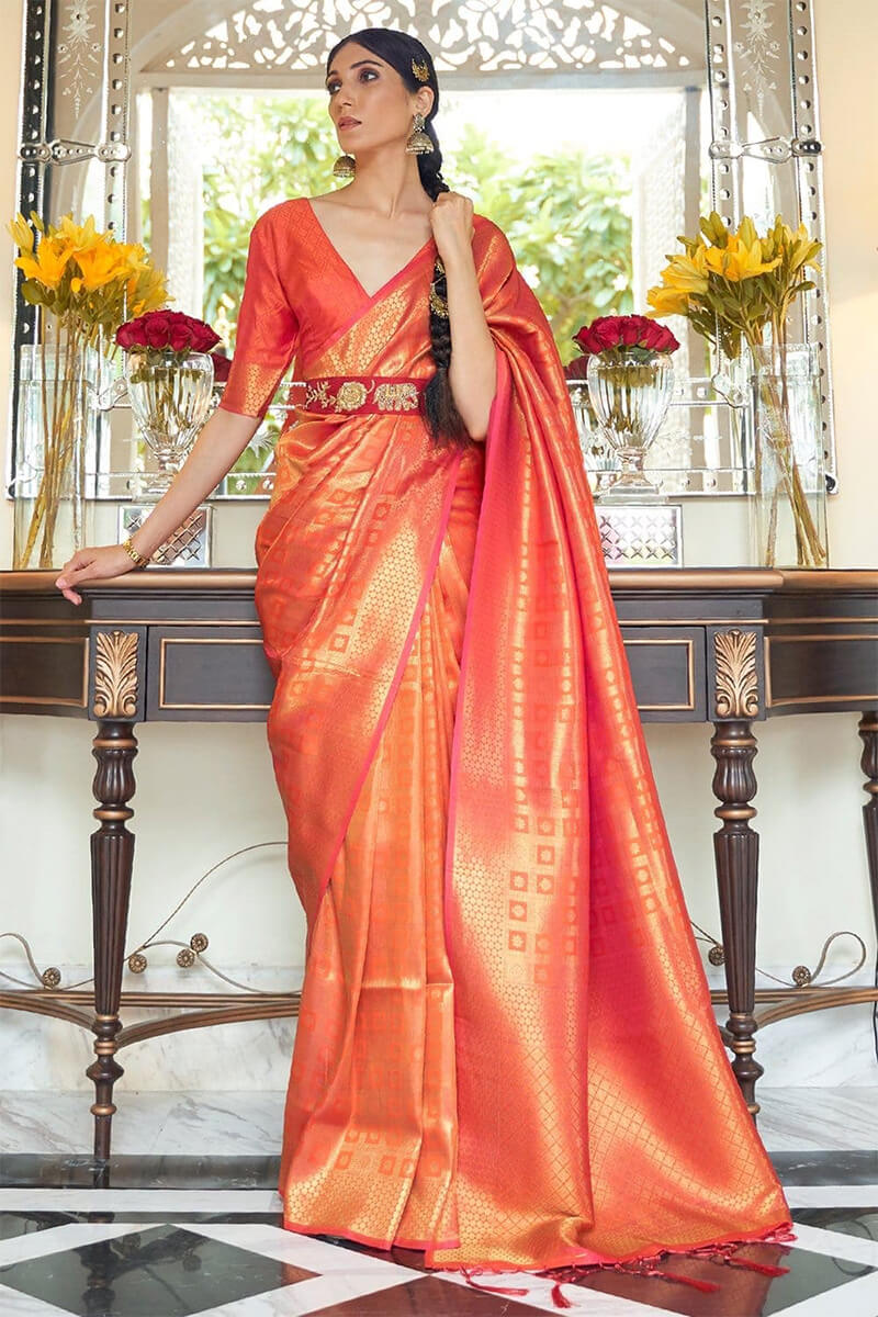 Ultra Deep Peach Kanjivaram Silk Saree