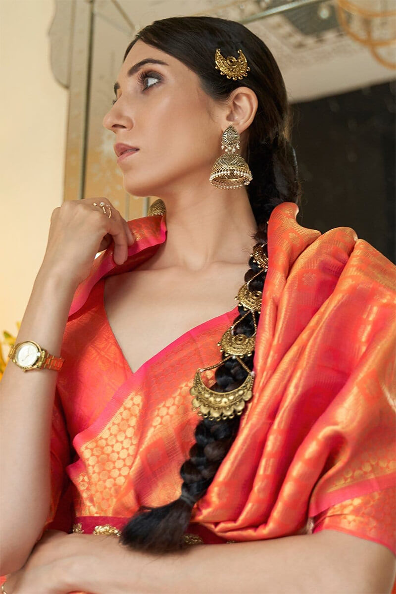 Ultra Deep Peach Kanjivaram Silk Saree