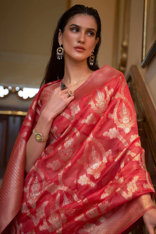 Valentine Red Organza Silk Saree