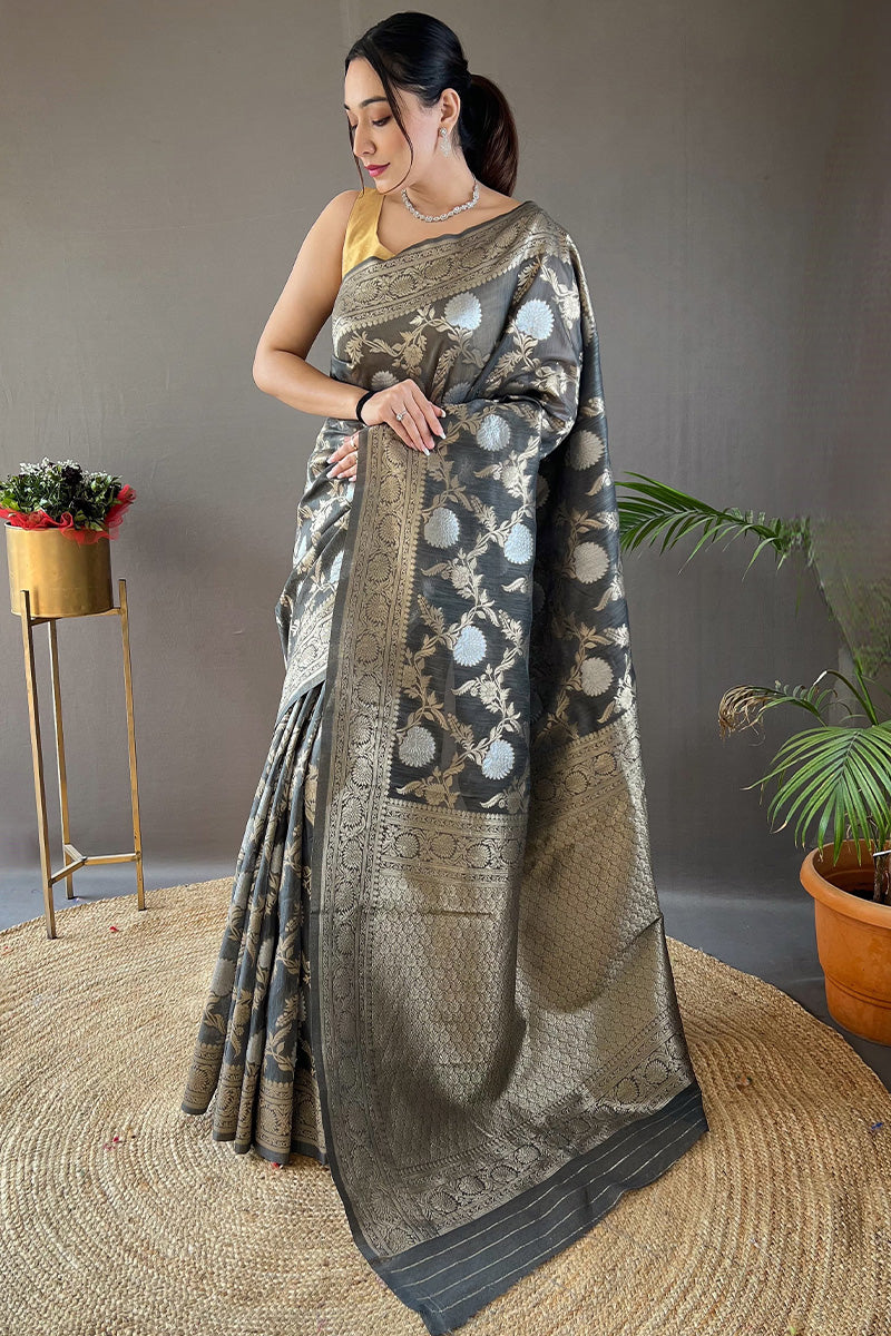 Vampire Grey Zari Woven Linen Silk Saree