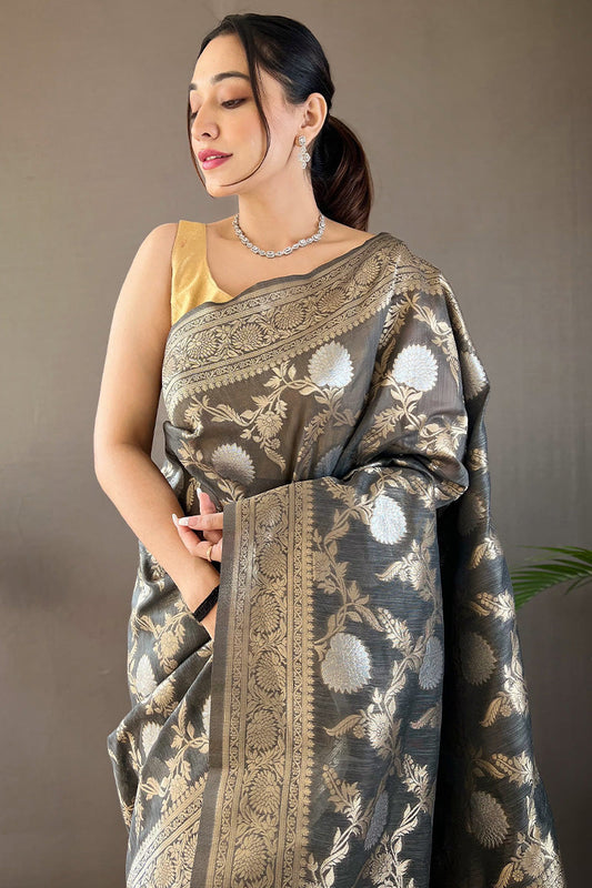 Vampire Grey Zari Woven Linen Silk Saree