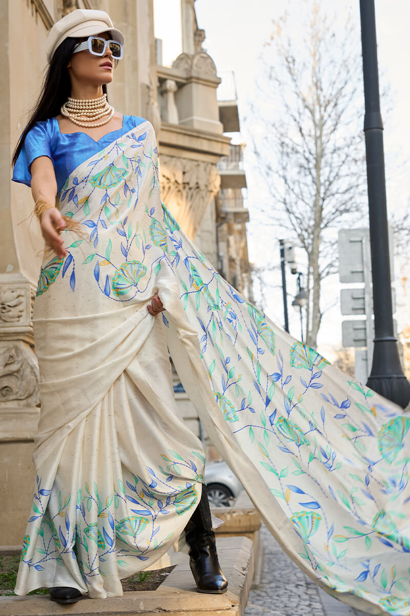 Vanilla Beige Printed Satin Silk Saree