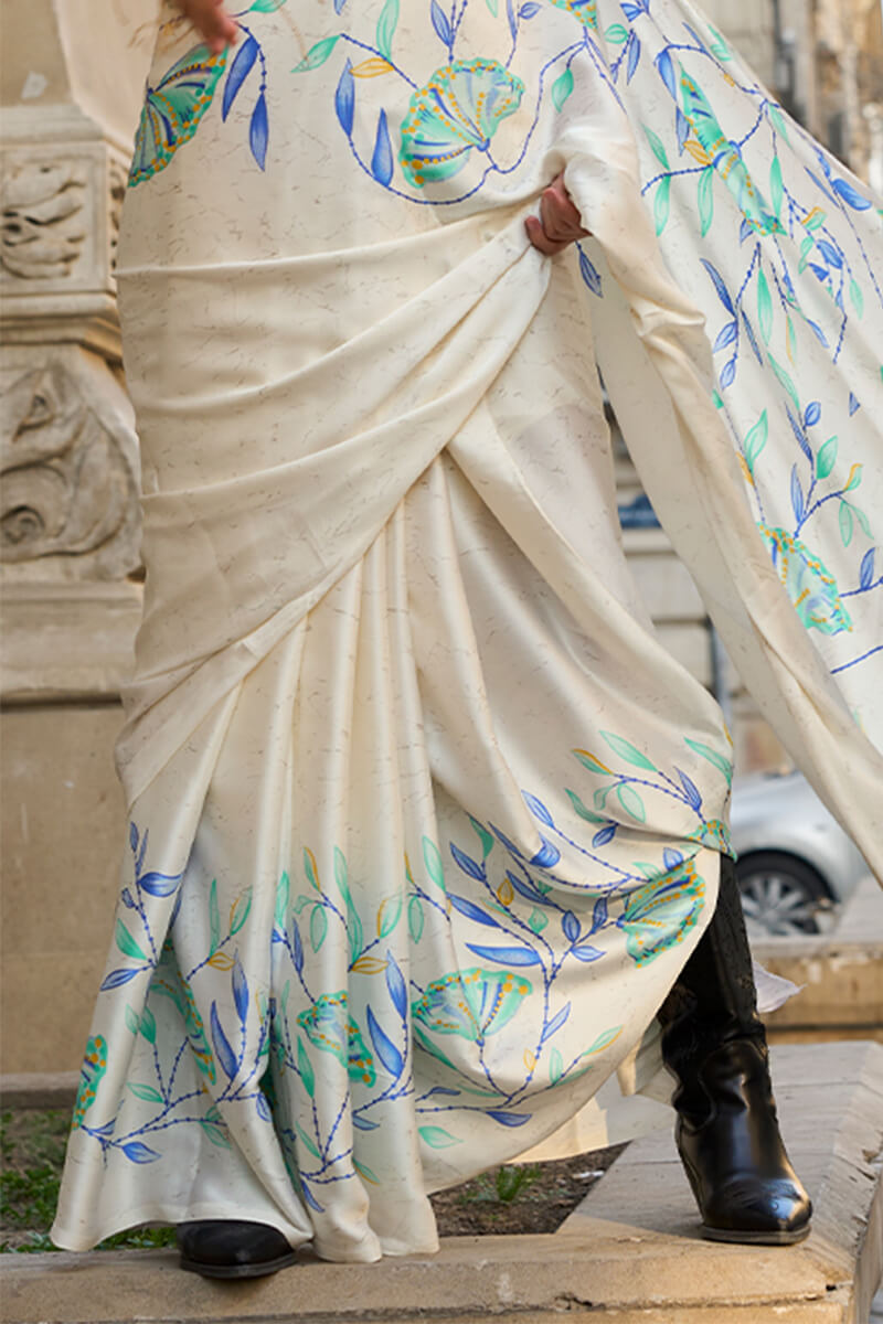 Vanilla Beige Printed Satin Silk Saree