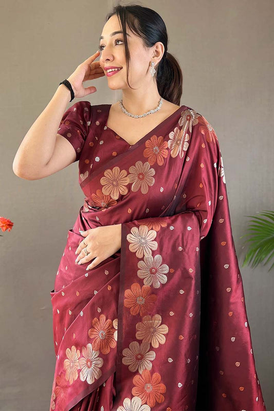 Velvet Maroon Soft Banarasi Silk Saree