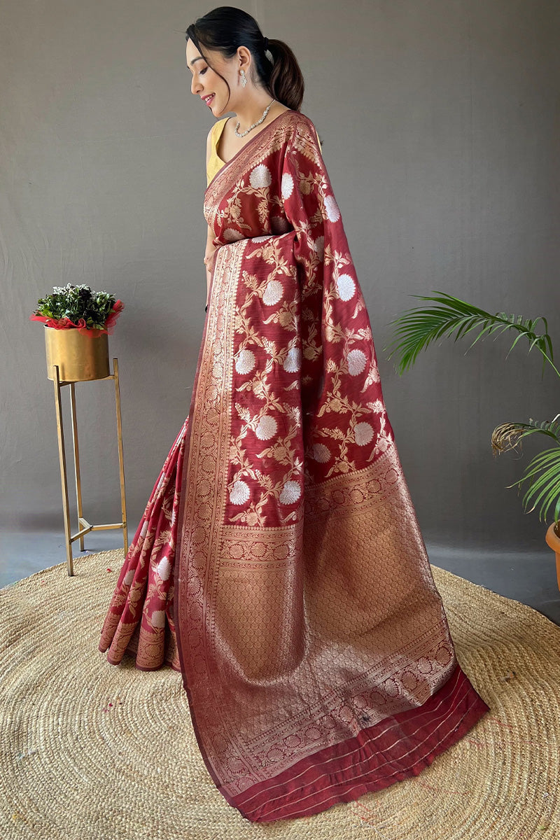 Velvet Maroon Zari Woven Linen Silk Saree