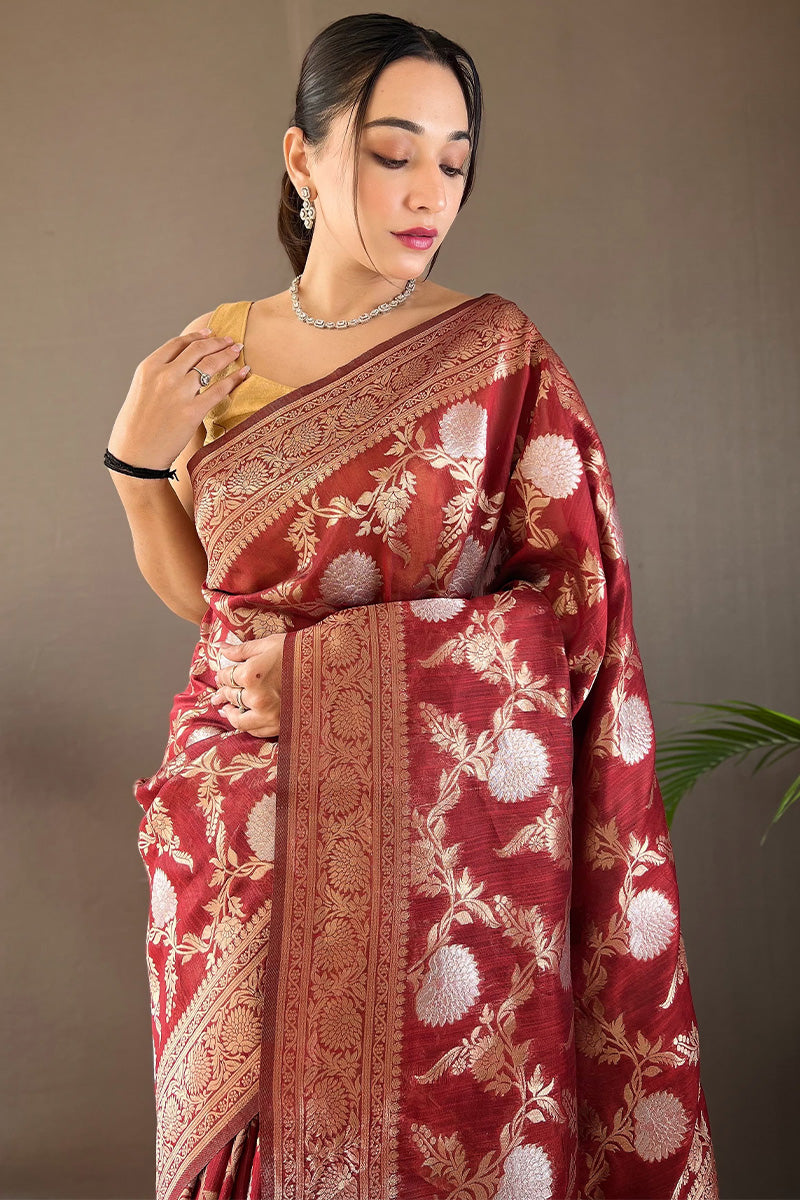 Velvet Maroon Zari Woven Linen Silk Saree