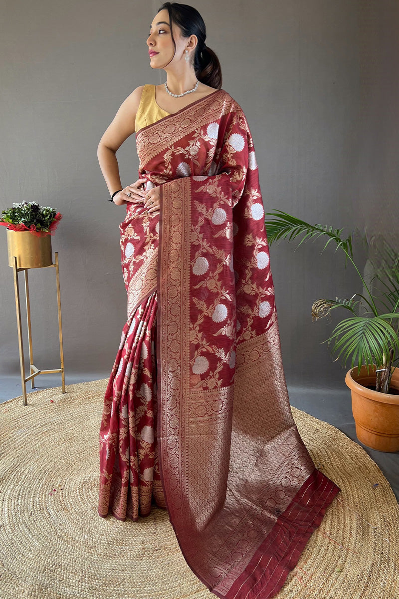 Velvet Maroon Zari Woven Linen Silk Saree