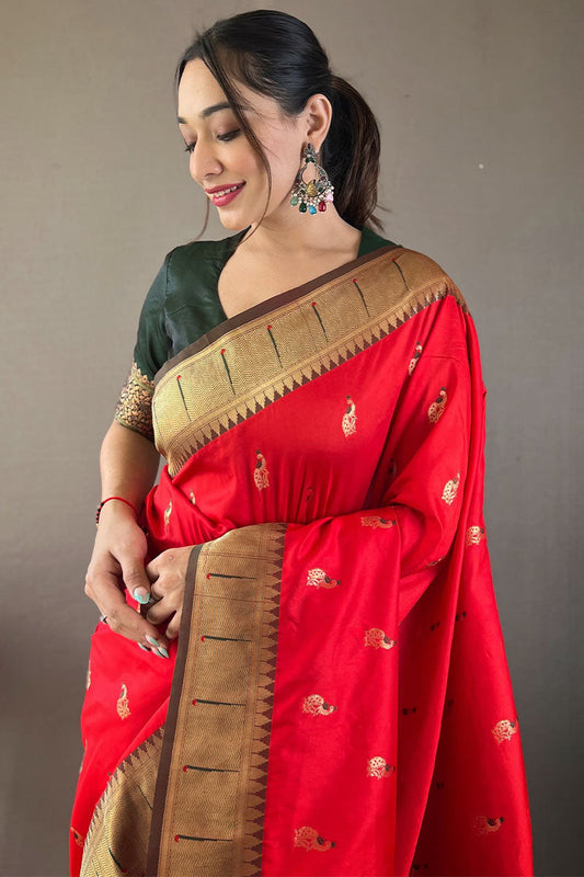 Vermilion Red Zari Woven Paithani Silk Saree