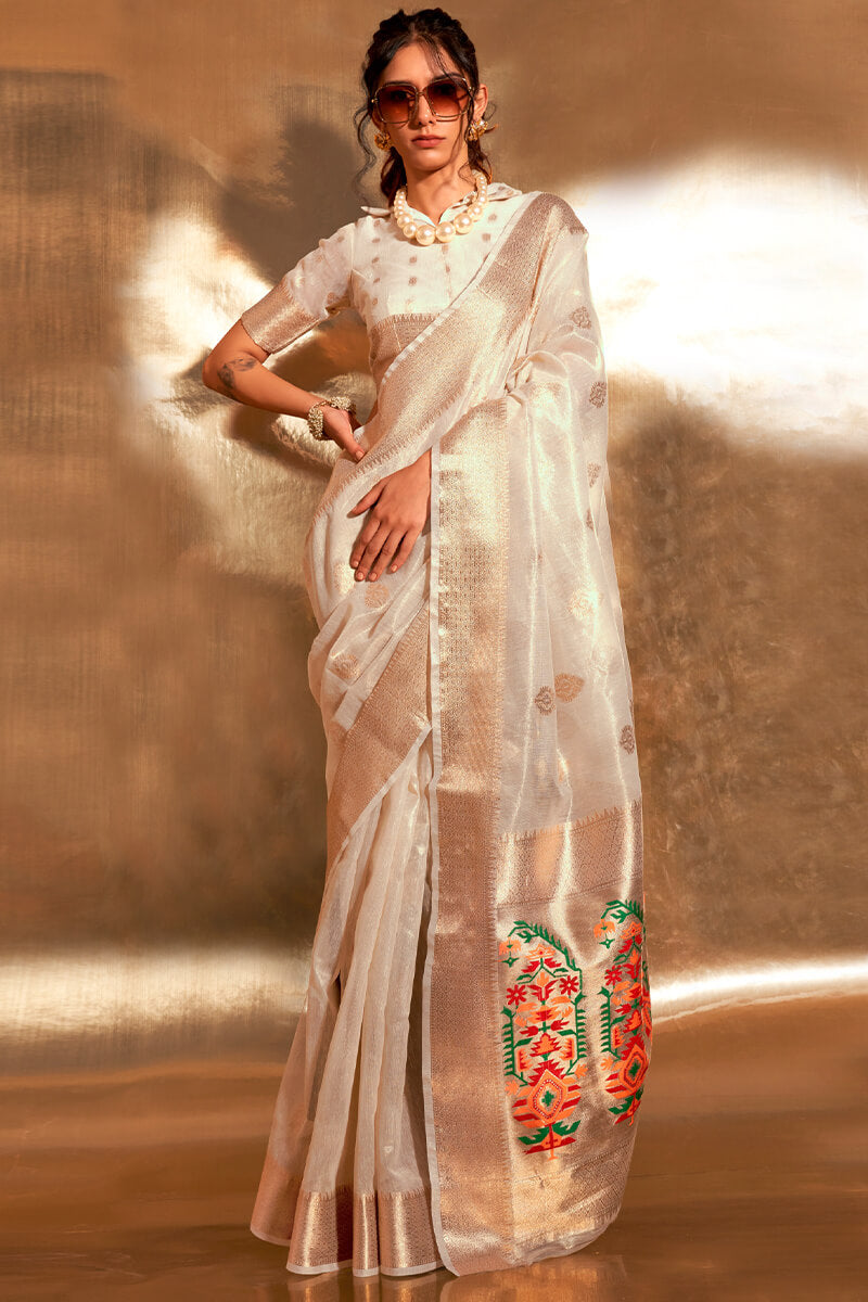 Vista White Paithani Tissue Silk Saree