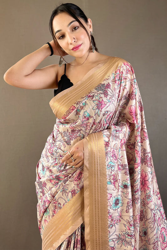 Vista White Printed Soft Silk Saree