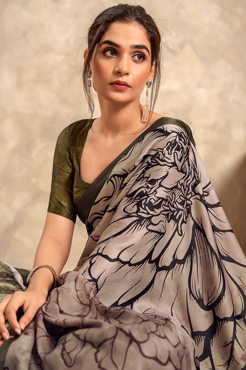 Warm Grey Printed Soft Satin Silk Saree