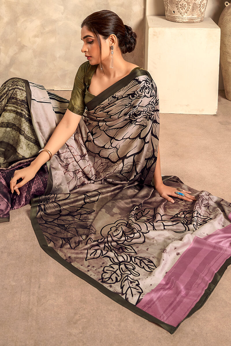 Warm Grey Printed Soft Satin Silk Saree