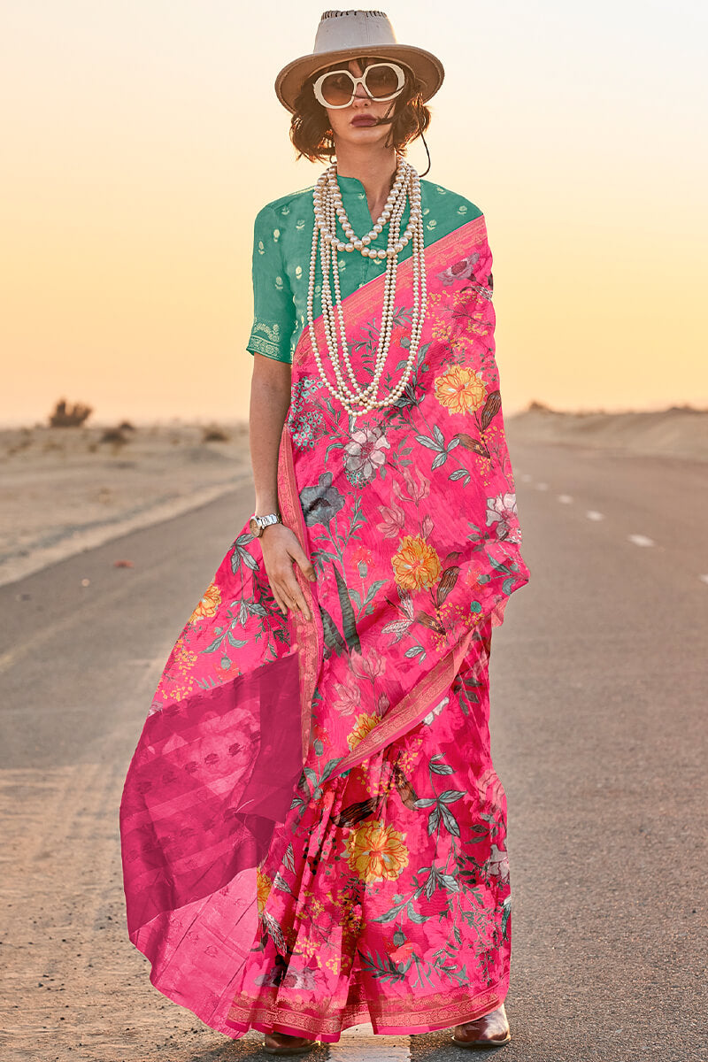 Warm Pink Printed Tussar Silk Saree