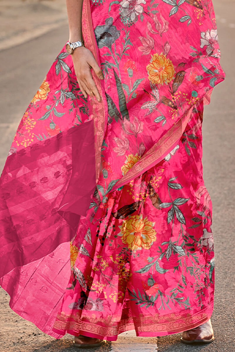 Warm Pink Printed Tussar Silk Saree