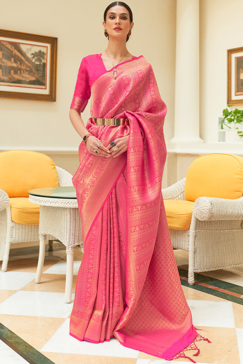 Warm Pink Zari Woven and Sequence Work Kanjivaram Silk Saree