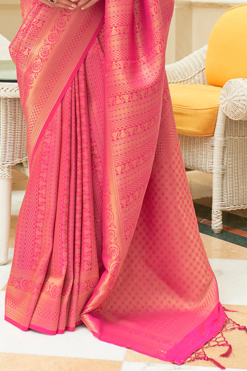 Warm Pink Zari Woven and Sequence Work Kanjivaram Silk Saree